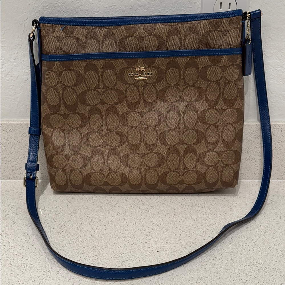 Coach Brown and Blue Crossbody Bag with Signature Monogram